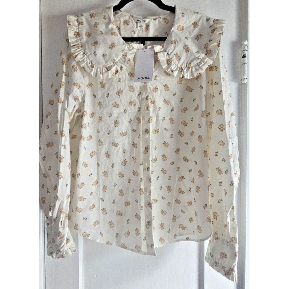 NWT MONKI floral print blouse prairie ruffled collar 100% cotton womens L blouse